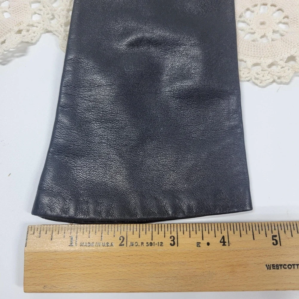 Vintage Long Black Leather Gloves Silk Lined Size 6.5 Elbow Length Evening Opera